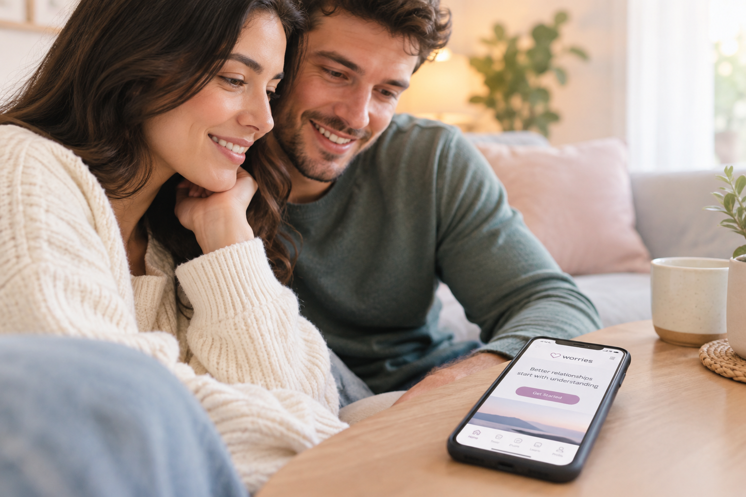 Couple using smartphone together